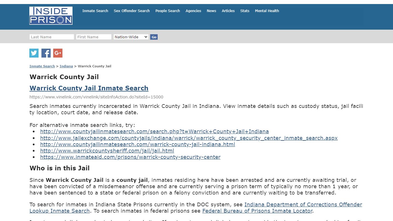 Warrick County Jail - Indiana - Inmate Search